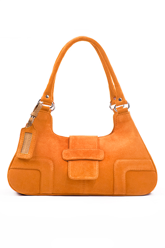 Apricot orange women's dress handbag, matching pumps and belts. Top view - Florence KOOIJMAN